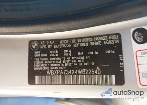 2004 BMW X3 2.5I from USA, damaged, VIN WBXPA734X4WB22540